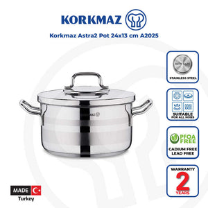 Korkmaz Astra2 Stainless Steel Cooking Pot with Lid - 24x13cm, Induction Compatible, Made In Turkey