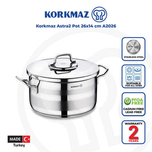 Korkmaz Astra2 Stainless Steel Cooking Pot with Lid - 26x14cm, Induction Compatible, Made In Turkey