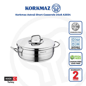 Korkmaz Astra2 Stainless Steel Cooking Pot with Lid - 24x8cm, Induction Compatible, Made In Turkey