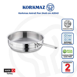 Korkmaz Astra2 Stainless Steel Frying Pan - 24x6cm, Induction Compatible, Made In Turkey