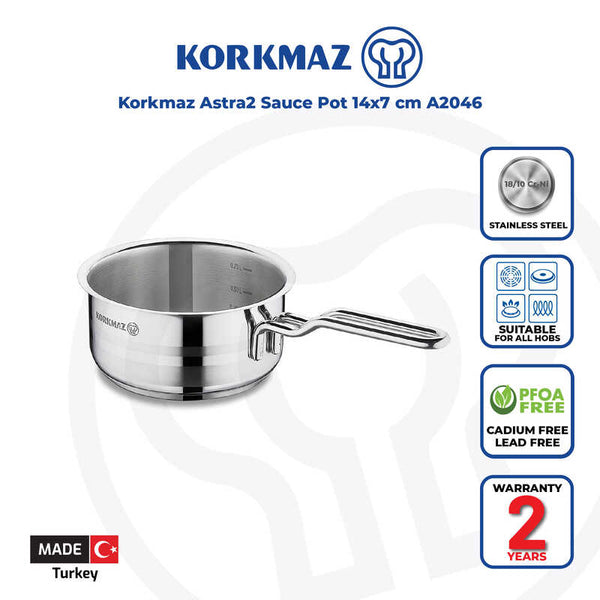 Korkmaz Astra2 Stainless Steel Saucepot / Saucepan - 14x7cm, Induction Compatible, Made In Turkey