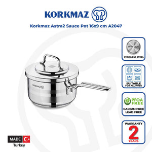 Korkmaz Astra2 Stainless Steel Saucepot / Saucepan with Lid - 16x9cm, Induction Compatible, Made In Turkey