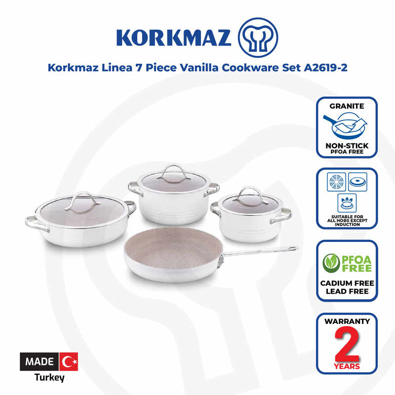 Korkmaz Linea Vanilla 7-Piece Non Stick Cookware Set with Glass Lid - Gas Stove Compatible, PFOA Free, Made In Turkey