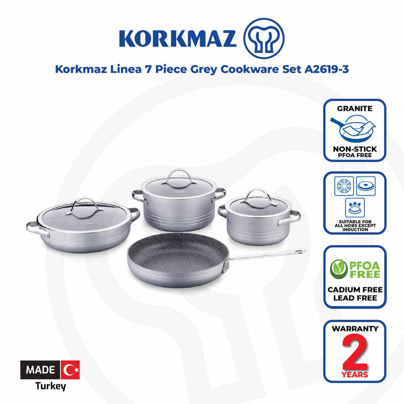 Korkmaz Linea Gray 7-Piece Non Stick Cookware Set with Glass Lid - Gas Stove Compatible, PFOA Free, Made In Turkey