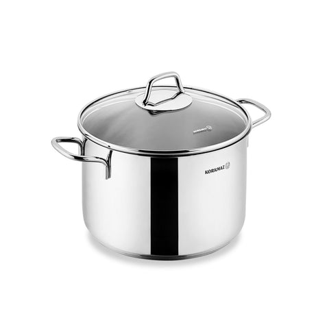 Korkmaz Perla Stainless Steel Stock Pot with Glass Lid - 20x16cm, Induction Compatible, Made In Turkey