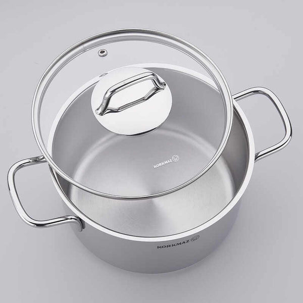 Korkmaz Perla Stainless Steel Stock Pot with Glass Lid - 20x16cm, Induction Compatible, Made In Turkey
