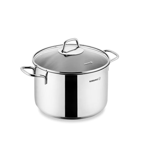 Korkmaz Perla Stainless Steel Stock Pot with Glass Lid - 24x17cm, Induction Compatible, Made In Turkey