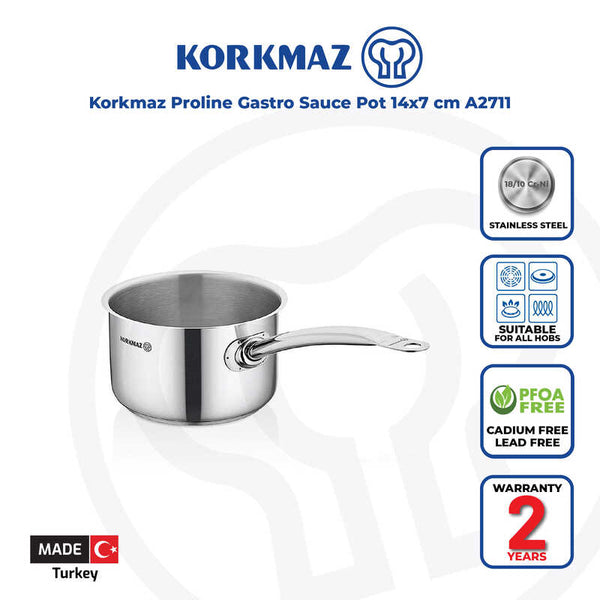Korkmaz Proline Gastro Stainless Steel Saucepot / Saucepan - 14x7cm, Induction Compatible, Made In Turkey