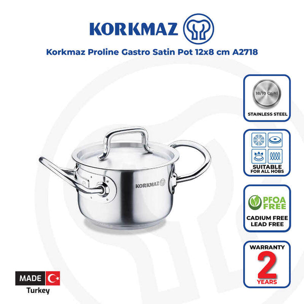 Korkmaz Proline Gastro Satin Stainless Steel Cooking Pot with Lid - 12x8cm, Induction Compatible, Made In Turkey