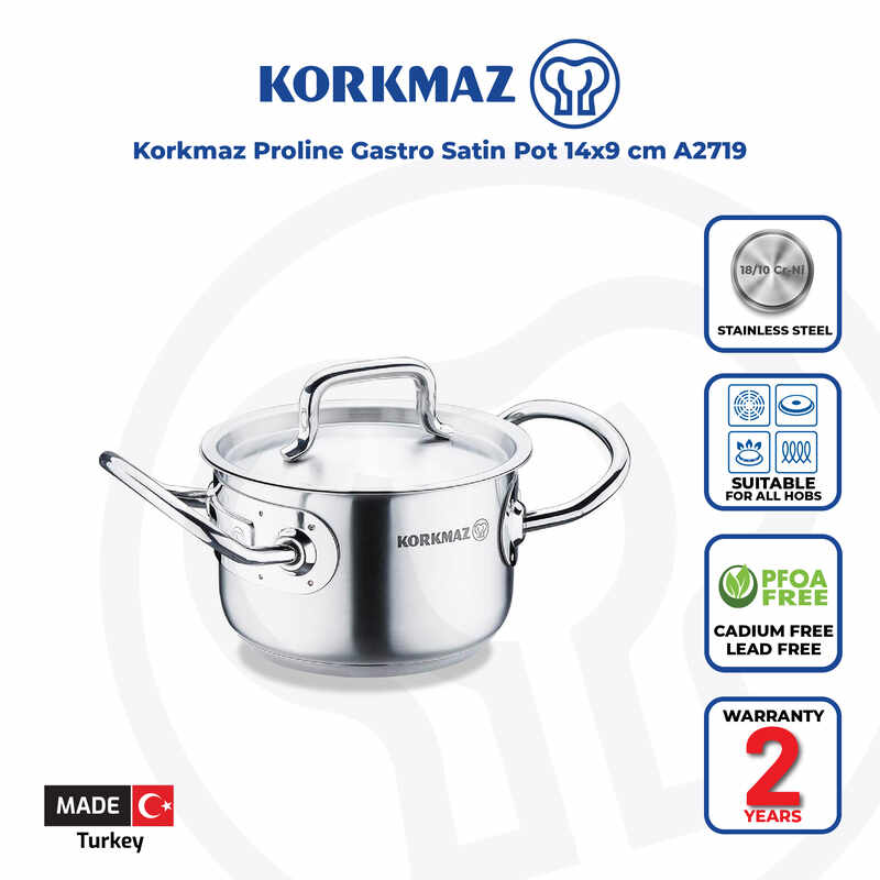 Korkmaz Proline Gastro Satin Stainless Steel Cooking Pot with Lid - 14x9cm, Induction Compatible, Made In Turkey
