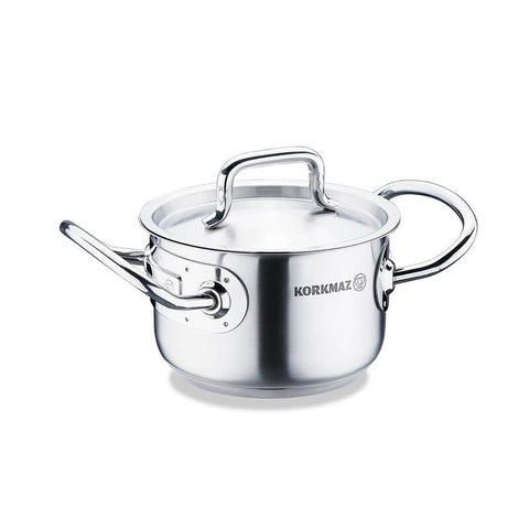 Korkmaz Proline Gastro Satin Stainless Steel Cooking Pot with Lid - 14x9cm, Induction Compatible, Made In Turkey