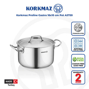 Korkmaz Proline Gastro Stainless Steel Cooking Pot with Lid - 16x10cm, Induction Compatible, Made In Turkey