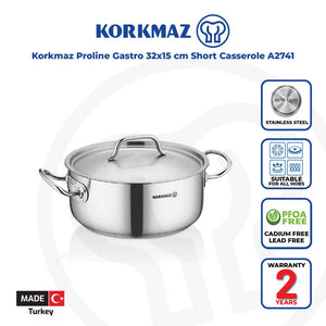 Korkmaz Proline Gastro Stainless Steel Cooking Pot with Lid - 32x15cm, Induction Compatible, Made In Turkey