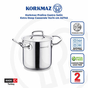 Korkmaz Proline Gastro Satin Stainless Steel Stock Pot with Lid - 14x14cm, Induction Compatible, Made In Turkey