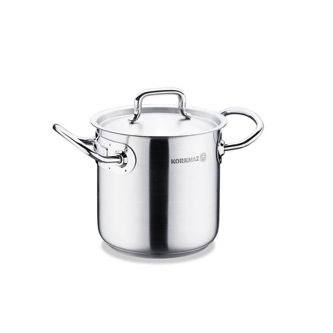 Korkmaz Proline Gastro Satin Stainless Steel Stock Pot with Lid - 14x14cm, Induction Compatible, Made In Turkey