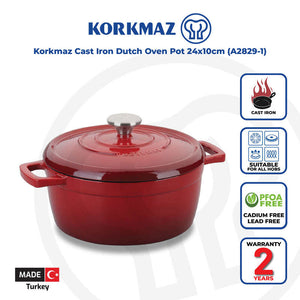 Korkmaz 24x10 cm Red Cast Iron Dutch Oven with Lid - Ideal for Braising, Stews, and Roasting, Made in Turkey