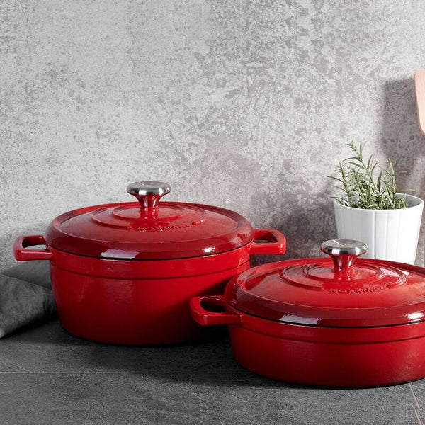 Korkmaz 24x10 cm Red Cast Iron Dutch Oven with Lid - Ideal for Braising, Stews, and Roasting, Made in Turkey