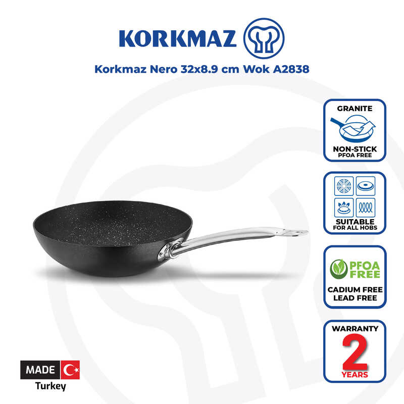 Korkmaz Proline Nero Non Stick Wok - 32x8.9cm, PFOA Free, Induction Compatible, Made in Turkey