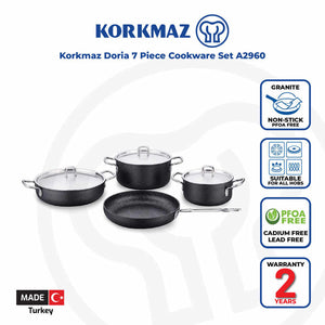 Korkmaz Doria 7-Piece Non Stick Cookware Set with Lid - Induction Compatible, PFOA Free, Made In Turkey