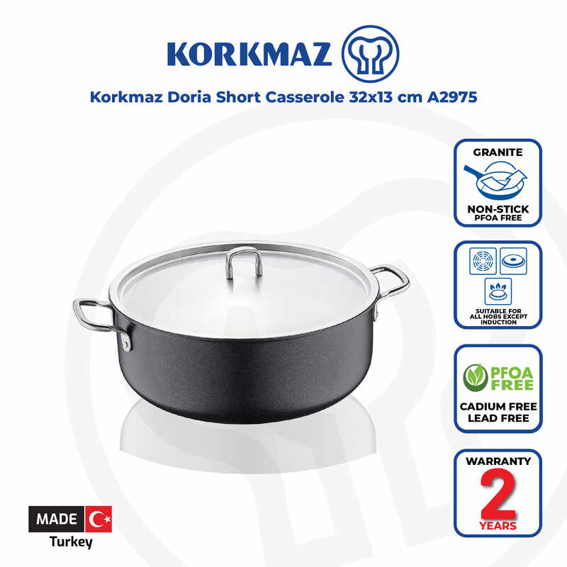 Korkmaz Doria Non Stick Cooking Pot with Stainless Steel Lid - 32x13cm PFOA Free, Induction Compatible, Made In Turkey