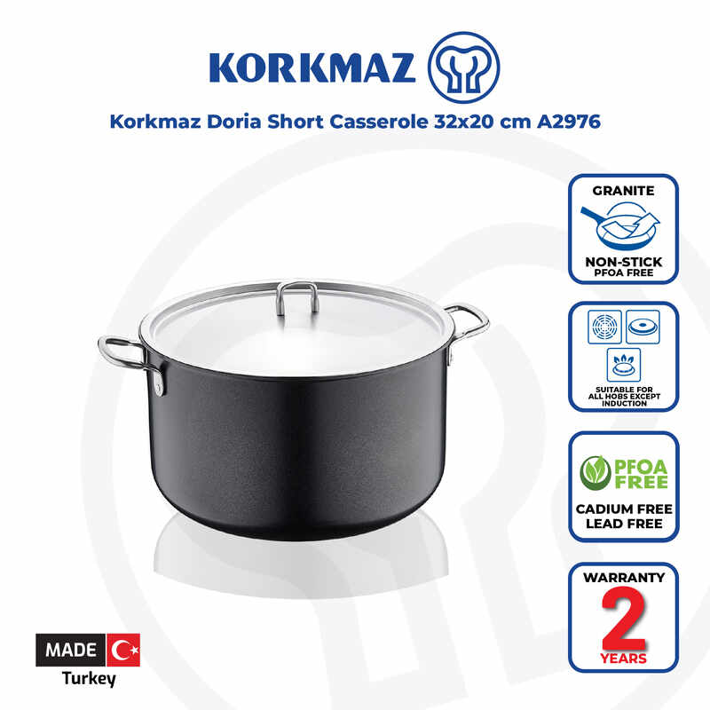 Korkmaz Doria Non Stick Stock Pot with Stainless Steel Lid - 32x20cm PFOA Free, Induction Compatible, Made In Turkey