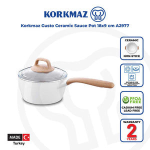 Korkmaz Gusto Non Stick Ceramic Saucepan with Glass Lid - 18x9cm, Gas Stove Compatible, Made In Turkey