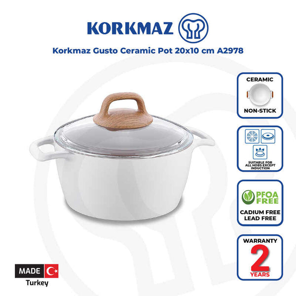 Korkmaz Gusto Non Stick Ceramic Stock Pot with Glass Lid - 20x10cm, Gas Stove Compatible, Made In Turkey