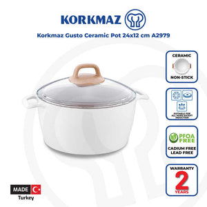 Korkmaz Gusto Non Stick Ceramic Stock Pot with Glass Lid - 24x12cm, Gas Stove Compatible, Made In Turkey