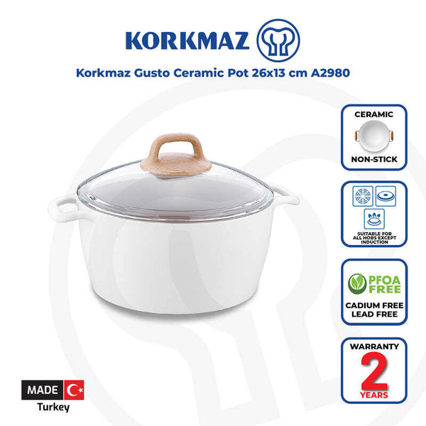 Korkmaz Gusto Non Stick Ceramic Stock Pot with Glass Lid - 26x13cm, Gas Stove Compatible, Made In Turkey