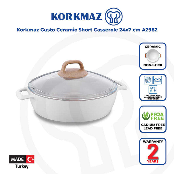 Korkmaz Gusto Non Stick Ceramic Cooking Pot with Glass Lid - 26x7cm, Gas Stove Compatible, Made In Turkey