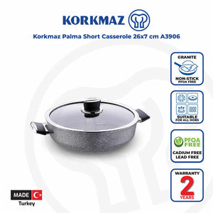 Korkmaz Palma Non Stick Cooking Pot with Glass Lid - 26x7cm, Induction Compatible, PFOA Free, Made In Turkey