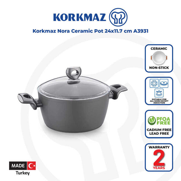 Korkmaz Nora Non Stick Ceramic Pot with Glass Lid - 24x11.7cm, PFOA Free, Gas Stove Compatible, Made In Turkey