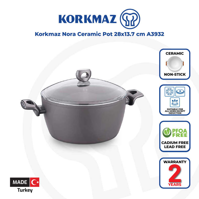 Korkmaz Nora Non Stick Ceramic Pot with Glass Lid - 28x13.7cm, PFOA Free, Gas Stove Compatible, Made In Turkey
