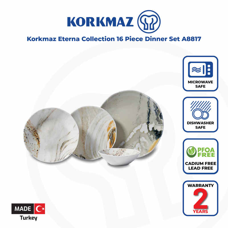 Korkmaz Eterna Collection Marble Design Dinnerware Set - 16-Piece (Plates, Bowls) for 4 People, Made In Turkey