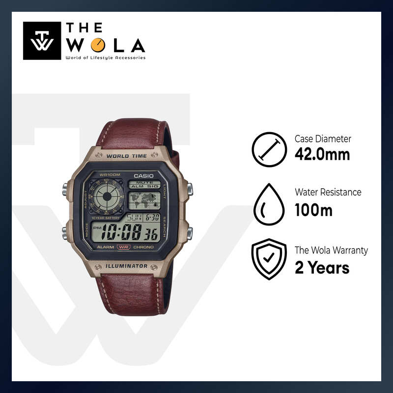 Casio Men Digital Watch AE-1200WHL-5AV Brown Leather Strap