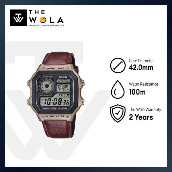 Casio Men Digital Watch AE-1200WHL-5AV Brown Leather Strap