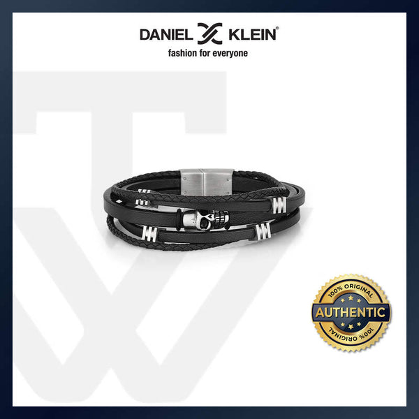 Daniel Klein Skull Men's Bracelet DKJ.2.1002-2 Black Cowhide Braided Multi Layer Men Bangle