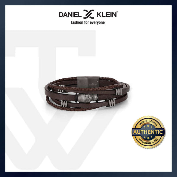 Daniel Klein Skull Men's Bracelet DKJ.2.1002-3 Brown Cowhide Braided Multi Layer Men Bangle