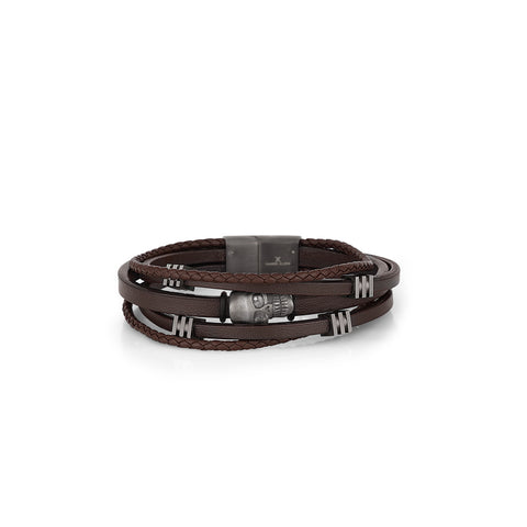 Daniel Klein Skull Men's Bracelet DKJ.2.1002-3 Brown Cowhide Braided Multi Layer Men Bangle