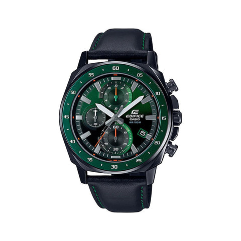 Edifice Men's Chronograph Watch EFV-600CL-3AV Green Dial with Black Genuine Leather Strap Watch for Men