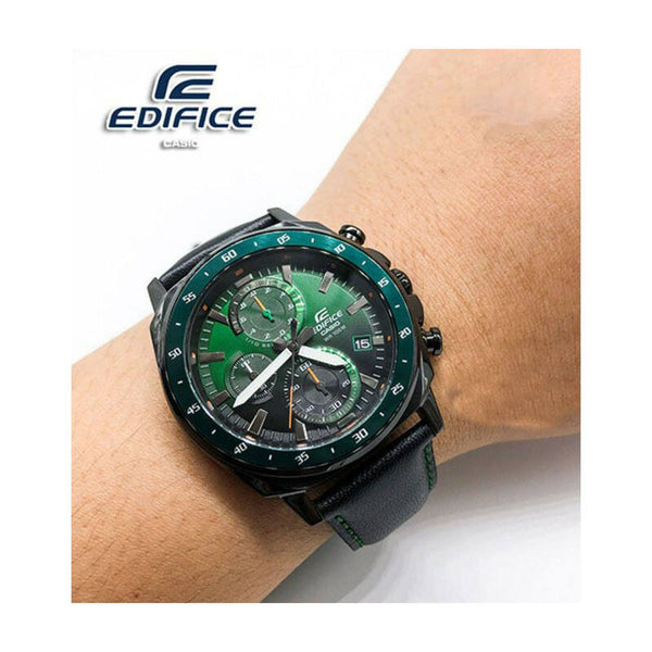 Edifice Men's Chronograph Watch EFV-600CL-3AV Green Dial with Black Genuine Leather Strap Watch for Men