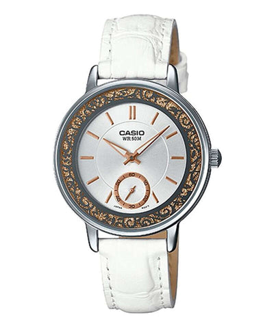Casio LTP-E408L-7AV Women Analog Watch with White Leather Band