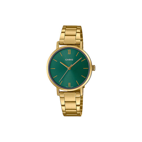 Casio Women's Analog Watch LTP-VT02G-3A Green Dial with Gold Stainless Steel Band Watch Women