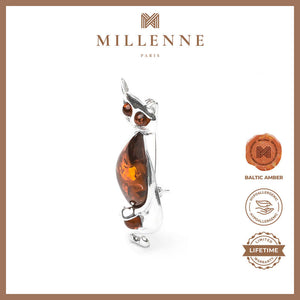 MILLENNE Multifaceted Baltic Amber Cat Silver Brooch with 925 Sterling Silver
