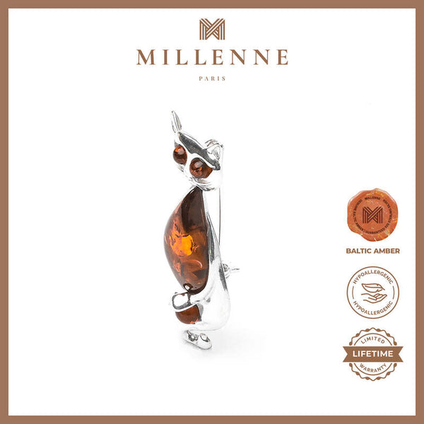 MILLENNE Multifaceted Baltic Amber Cat Silver Brooch with 925 Sterling Silver