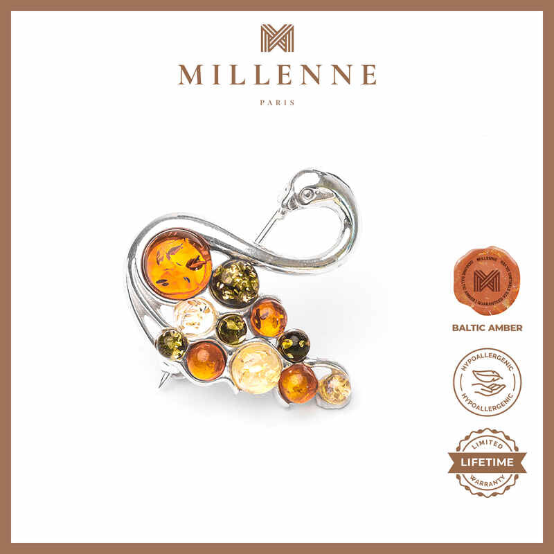 MILLENNE Multifaceted Baltic Amber Swan Lake Silver Brooch with 925 Sterling Silver