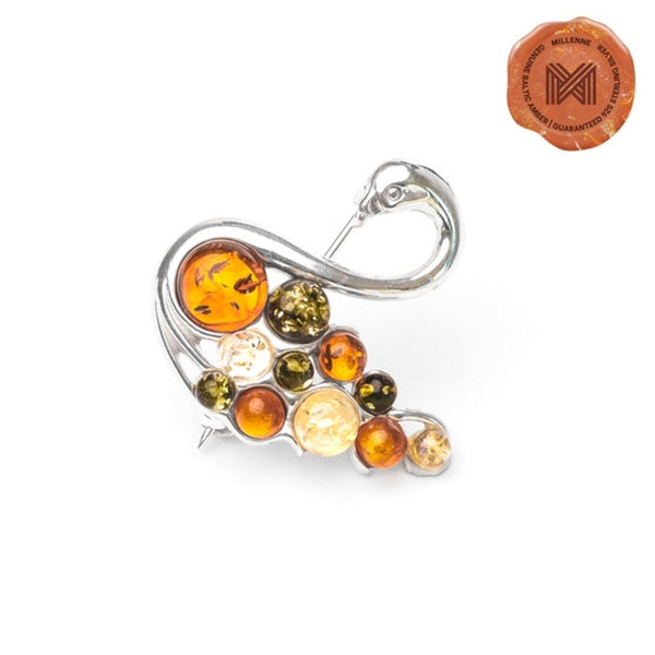 MILLENNE Multifaceted Baltic Amber Swan Lake Silver Brooch with 925 Sterling Silver