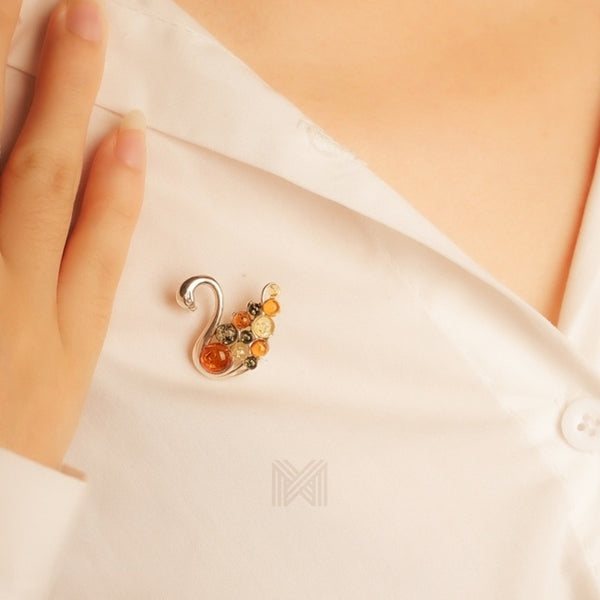 MILLENNE Multifaceted Baltic Amber Swan Lake Silver Brooch with 925 Sterling Silver