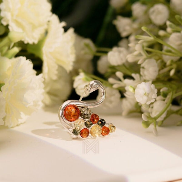 MILLENNE Multifaceted Baltic Amber Swan Lake Silver Brooch with 925 Sterling Silver