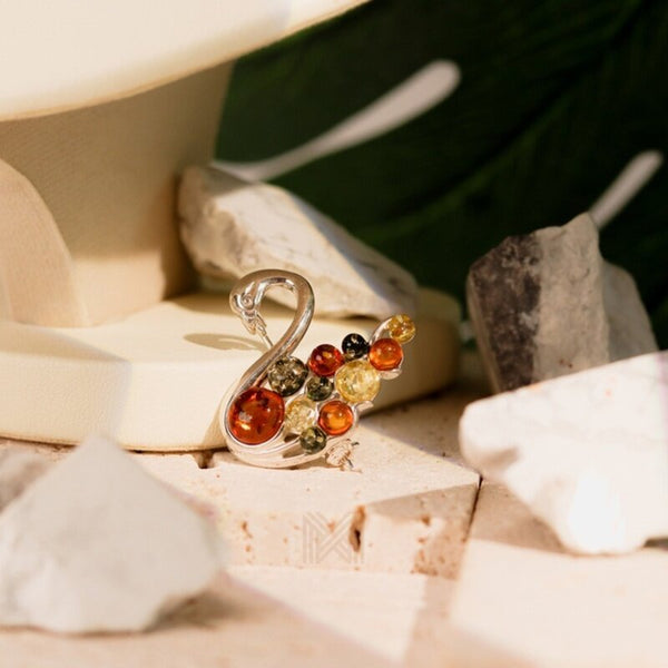 MILLENNE Multifaceted Baltic Amber Swan Lake Silver Brooch with 925 Sterling Silver